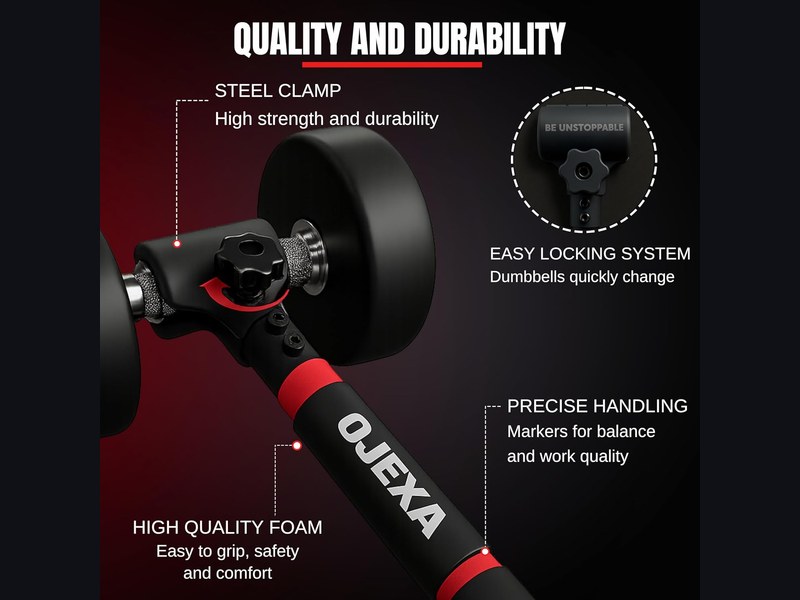 Two separate dumbbells taking more space and limiting bar-style movements