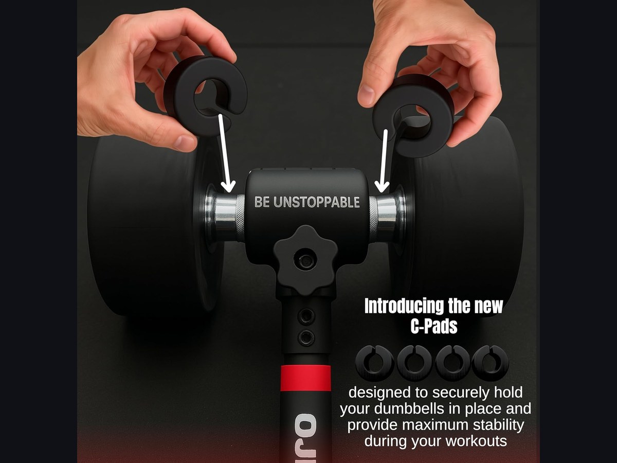 OJEXA dumbbell-to-bar adapter close-up showing steel lock collars and secure clamp